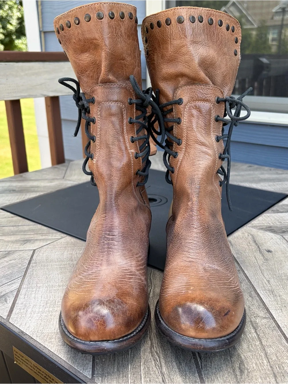 Bed Stu Fen Boot Sz 9.5 Alkaline Rustic Studded Corset Lace Up Leather Mid Calf